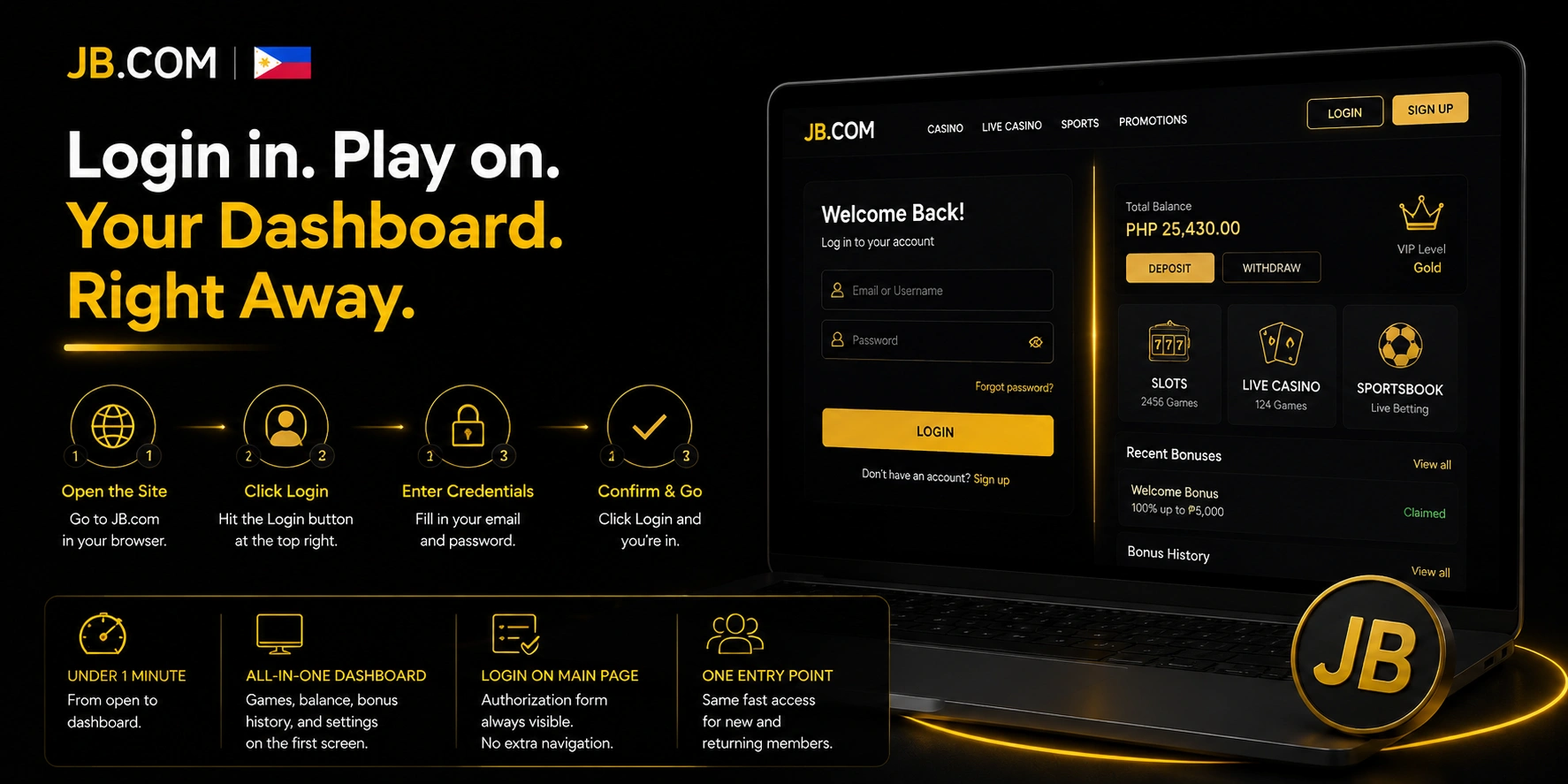JB.com Philippines login dashboard – 4-step access to balance and games